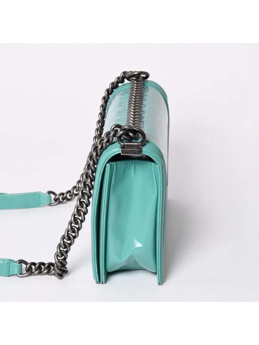 Chanel Boy Large Chain Shoulder Bag CC Logo Calfskin Turquoise